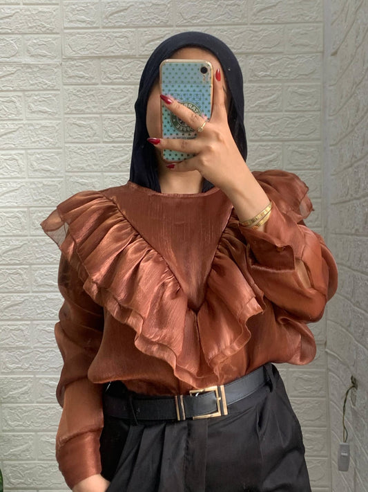 Organza Ruffle Blouse with Seven-Shaped Neckline — Top by Yokaa