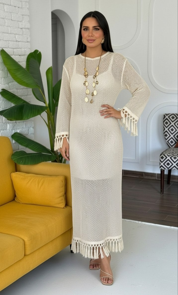 Beige Mesh Fringe Dress — photo 3 — Yokaa Dress