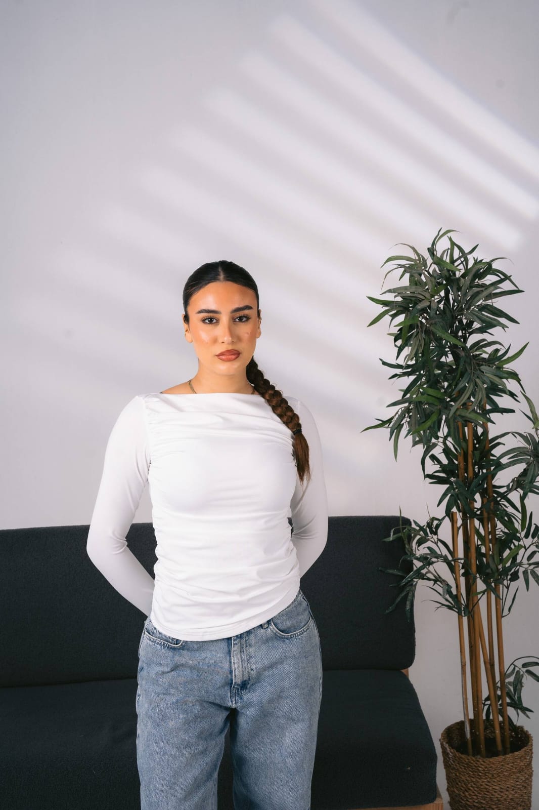 Basic Side-Ruched Sleeve Top Ribbed Fabric — photo 3 — Yokaa Top