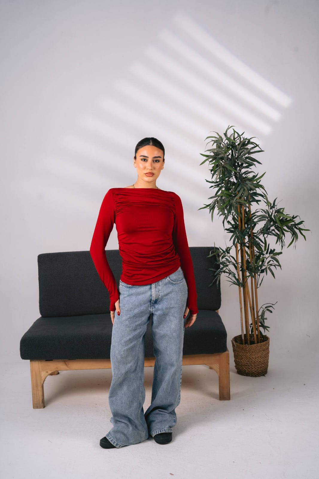 Basic Side-Ruched Sleeve Top Ribbed Fabric — photo 2 — Yokaa Top